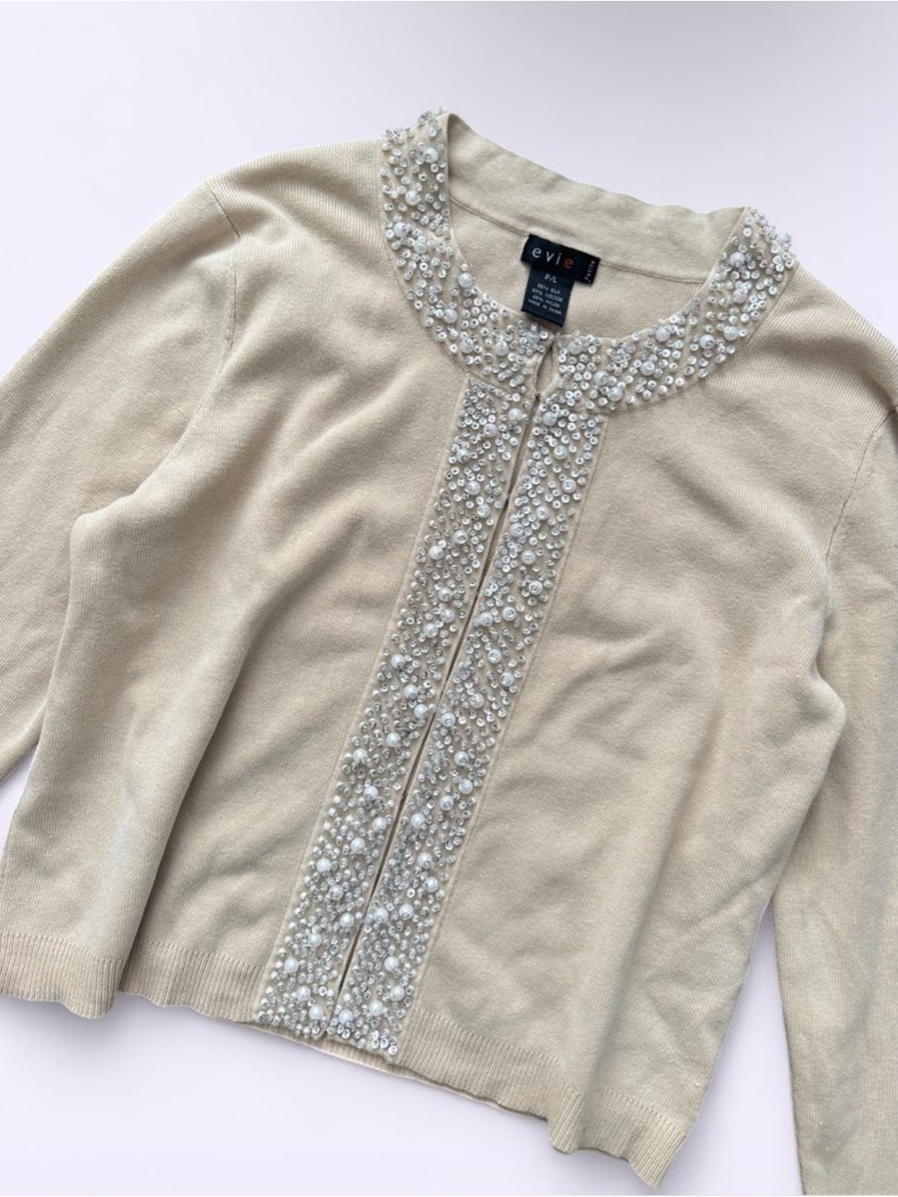 Evie Silk Blend Beaded Cardigan Cream Faux Pearl Sequin Knit PL Large 00s